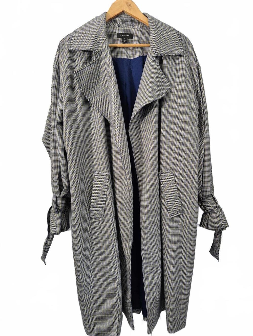 Halogen Women’s Navy Blue Black Plaid Open Front Midi Trench Coat Size Large – S